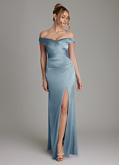 Azazie Teyana Bridesmaid Dresses Dusty Blue Sheath Off the Shoulder Stretch Satin Dress image1