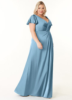 Azazie Soren Bridesmaid Dresses Steel Blue A-Line Pleated Stretch Satin Dress image10