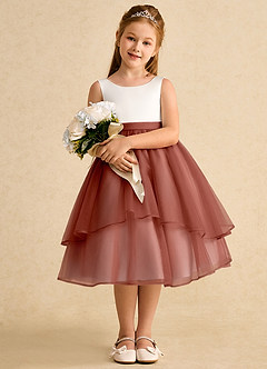 Azazie Rene Blumenmädchenkleider A-Linie Schleifen Tüll Kleid Elfenbein Kastanienbraun image3