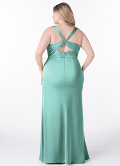 Azazie Mero Bridesmaid Dresses Aqua Sheath Pleated Stretch Satin Dress image8