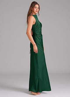 Azazie Evadne Bridesmaid Dresses Dark Green A-Line Pleated Stretch Satin Dress image4