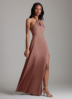 Azazie Tracie Bridesmaid Dresses Espresso A-Line Side Slit Stretch Satin Dress image3