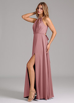 Azazie Evalleen Robes de demoiselle d'honneur Robe Trapèze en Satin extensible Plissée Rose Poussiéreuse image4