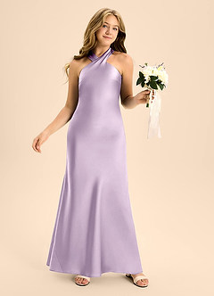 Azazie Doretta Junior Vestido de Lila Esmerilada de Satén Elástico de Corte En A con Plisado image5
