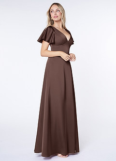 Azazie Lani Bridesmaid Dresses Ganache A-Line Flounce Sleeve Stretch Satin Dress image4