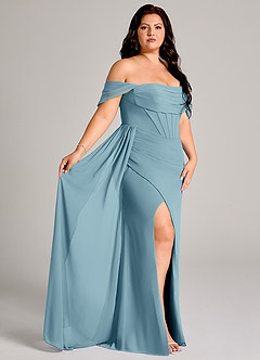 Azazie Amyra Bridesmaid Dresses Moody Blue Sheath Off the Shoulder Chiffon Convertible Dress image12
