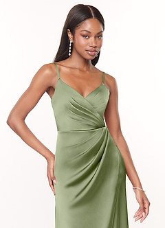Azazie Maci Brautjungfernkleider A-Linie V-Hals Gefaltet Stretch-Satin Kleid Pistazie image5