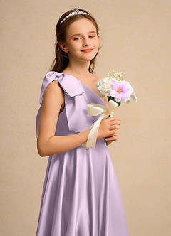 Azazie Guppy Girls Formal Flower Girl Dresses Frosted Lilac A-Line One Shoulder Matte Satin Dress image6