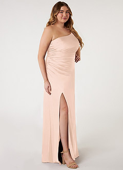 Azazie Eren Robes de demoiselle d'honneur Robe Sirène en Satin extensible Ue épaule Rose Pâle image8