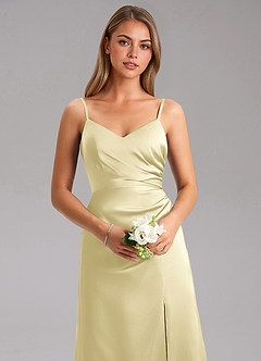 Azazie Azuree Bridesmaid Dresses Lemon Sorbet A-Line Pleated Stretch Satin Dress image8