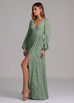 Azazie Norah Bridesmaid Dresses Matcha A-Line Long Sleeve Floral Burnout Dress image3