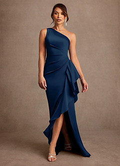 Azazie Yvette Mother of the Bride Dresses Dark Navy Sheath One Shoulder Stretch Satin Dress image3