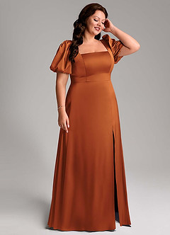 Azazie Fyona Bridesmaid Dresses Cinnamon A-Line Pleated Stretch Satin Dress image13
