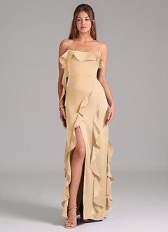 Azazie Malia Bridesmaid Dresses Gold A-Line Side Slit Stretch Satin Dress image3
