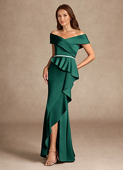 Azazie Dareia Mother of the Bride Dresses Emerald Mermaid Off the Shoulder Stretch Satin Dress image2