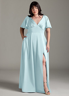Azazie Kimber Bridesmaid Dresses Cloud Blue A-Line Ruched Stretch Satin Dress image7