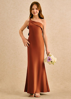 Azazie Almond Girls Formal Robe Demoiselle D'honneur Fillette Robe Fourreau en Satin extensible Une épaule Cannelle image4