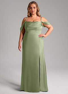 Azazie Saige Bridesmaid Dresses Pistachio Sheath Off the Shoulder Stretch Satin Dress image15