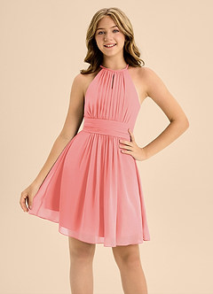 Azazie Bonnie Junior Coral A-Line Pleated Chiffon Dress image5