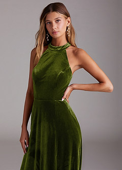 Azazie Larice Bridesmaid Dresses Olive A-Line with Pockets Velvet Dress image5
