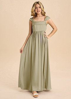 Azazie Hattie Junior A-Linie Plissee Stretch-Satin Kleid Moosgrün image5