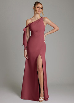 Azazie Aylin Bridesmaid Dresses Merlot Sheath Off the Shoulder Chiffon Dress image1