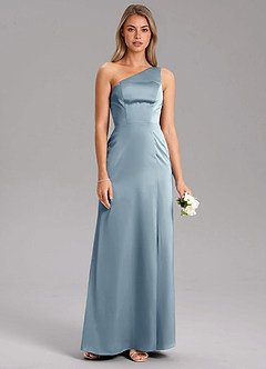 Azazie Feby Bridesmaid Dresses Dusty Blue A-Line One Shoulder Stretch Satin Dress image7