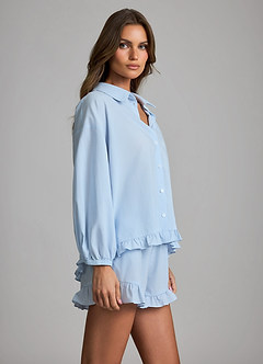 front Pyjamaset van lyocell-katoen met ruches en knoopsluiting, los model.