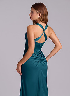 Azazie Amelie Bridesmaid Dresses Ink Blue A-Line Pleated Stretch Satin Dress image2