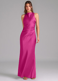 Azazie Evadne Bridesmaid Dresses Fuchsia A-Line Pleated Stretch Satin Dress image3