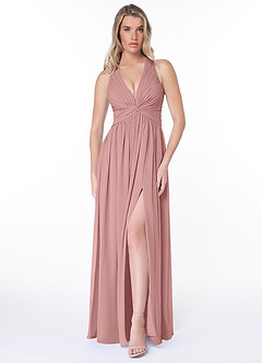 Azazie Jaclyn Abiti da Damigella Abito A-Line in Chiffon Plissettato Rosa Polverosa image1
