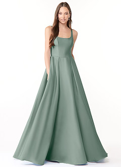 Azazie Neve Bridesmaid Dresses Silver Sage Ball-Gown with Pockets Stretch Satin Dress image1