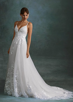 Azazie Rhodes Wedding Dresses Diamond White A-Line V-Neck Sequins Tulle Dress image4