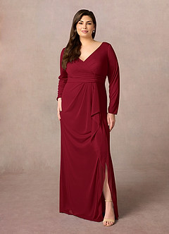 Azazie Risa Mother of the Bride Dresses Burgundy Mermaid V-Neck Pleated Mesh Dress image6
