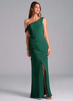 Azazie Madelyn Bridesmaid Dresses Emerald Mermaid One Shoulder Chiffon Convertible Dress image1