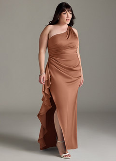 Azazie Latrice Bridesmaid Dresses Bronzer Sheath One Shoulder Cascading Ruffles Stretch Satin Dress image4