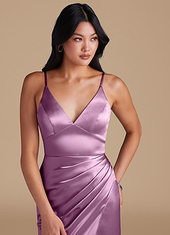 Azazie Shania Bridesmaid Dresses Wisteria Sheath Pleated Metallic Satin Dress image3