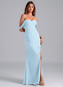 Azazie Asha Bridesmaid Dresses Sky Blue Sheath Off the Shoulder Chiffon Convertible Dress image3