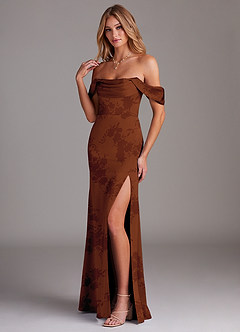 Azazie Saige Bridesmaid Dresses Burnt Orange Floral Sheath Off the Shoulder Stretch Satin Dress image5