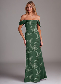Azazie Saige Bridesmaid Dresses Eucalyptus Garden Floral Sheath Off the Shoulder Stretch Satin Dress image4