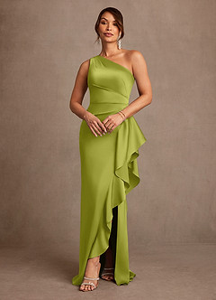 Azazie Yvette vestidos de madre de la novia Vestido de Hierba De Limón de Satén Elástico de Corte Recto con Hombro unilateral image1