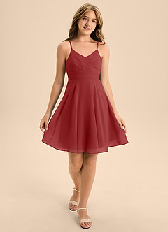 Azazie Avelina Junior Rust A-Line Pleated Chiffon Dress image3