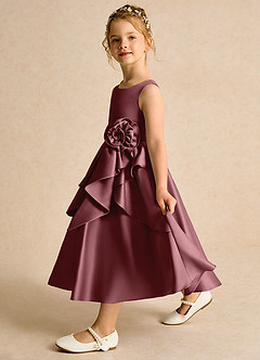 Azazie Hermia Robe Demoiselle D'honneur Fillette Robe Trapèze en Mat Satiné Sans manches Rose Du Désert image4