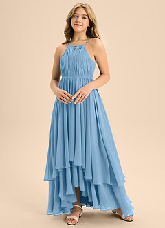 Azazie Elliora Junior Steel Blue A-Line Pleated Chiffon Dress image4