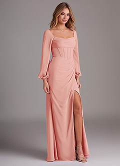 Azazie Charissa Brautjungfernkleider Etui Langarm Chiffon Kleid Rosettenrosa image5