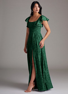 Azazie Bondi Bridesmaid Dresses Dark Green A-Line Side Slit Floral Burnout Dress image2