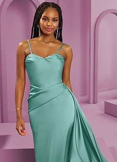 Barbie ♥ Azazie Vestidos de damas de honor Vestido de Aqua de Satén Elástico de Corte Recto Convertible con Sin tirantes image4