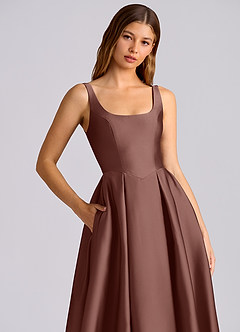 Azazie Amalie 신부 들러리 드레스 A라인 주름진 스트레치 새틴 티 길이 드레스 image2