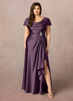 Azazie Branford Mother of the Bride Dresses Plum A-Line Pleated Stretch Satin Dress image9