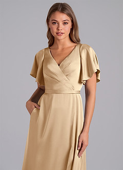 Azazie Ambrosia Bridesmaid Dresses Champagne A-Line Pleated Stretch Satin Dress image2